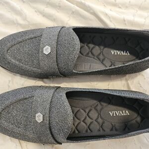 Almond Toe Vivaia Gray Quilted Loafers with Metallic Sheen (Eloise)